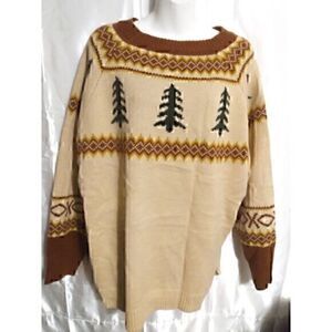 Fair Isle Christmas Tree Pattern Pull Over Crew Neck Brown Sweater  plus 3X kjp